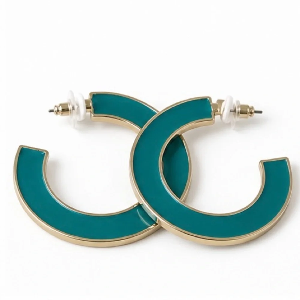 Marlyn Schiff Teal Enamel Hoop Earrings Gold Tone Statement Hoops NWT